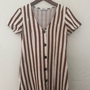 Zara Casual Brown and Cream Scoop Neck Dress